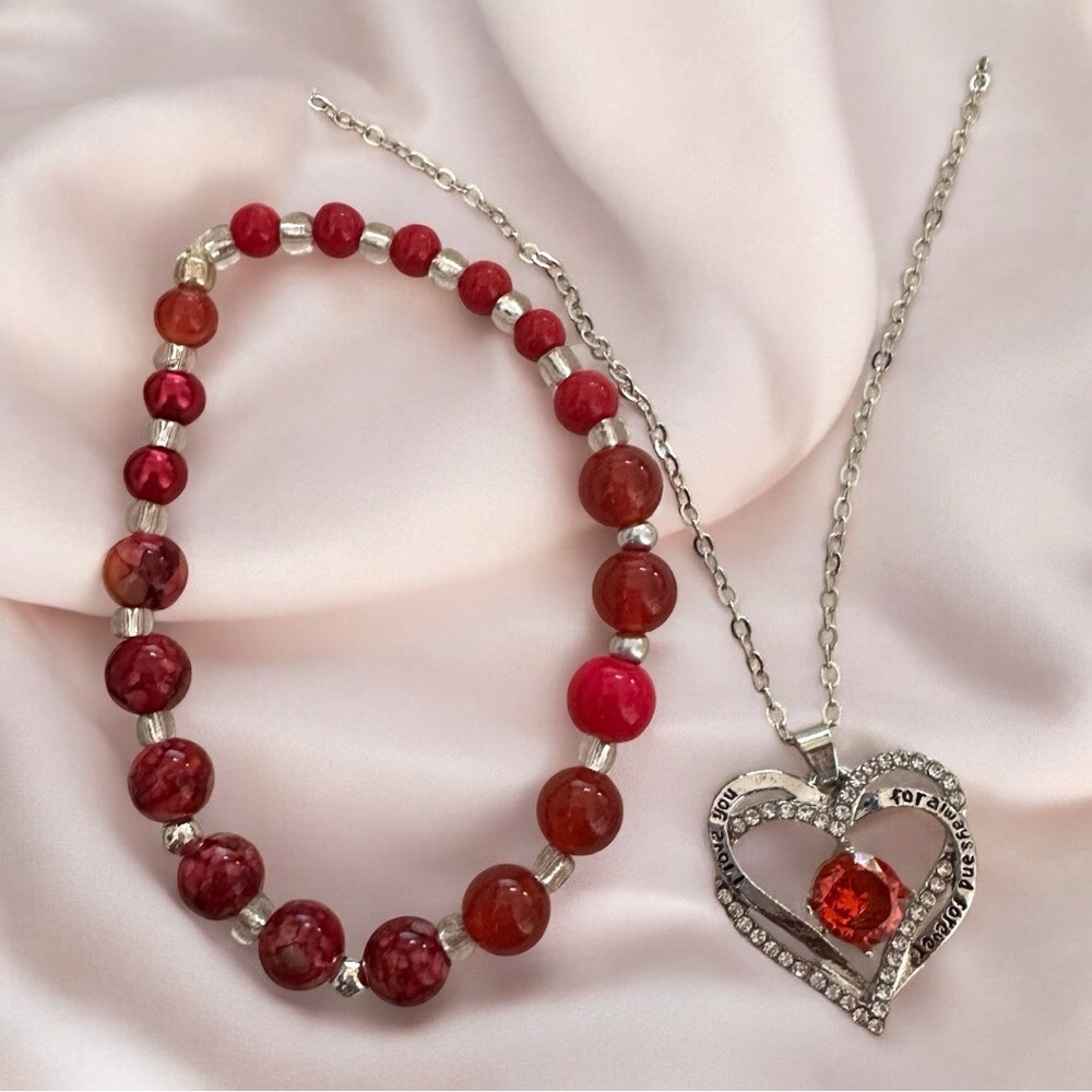 Elegant Red and Silver Heart Necklace and Bracelet Set